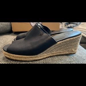 TORY BURCH Landon Espadrille Navy Blue Leather Wedge Sandals Shoe